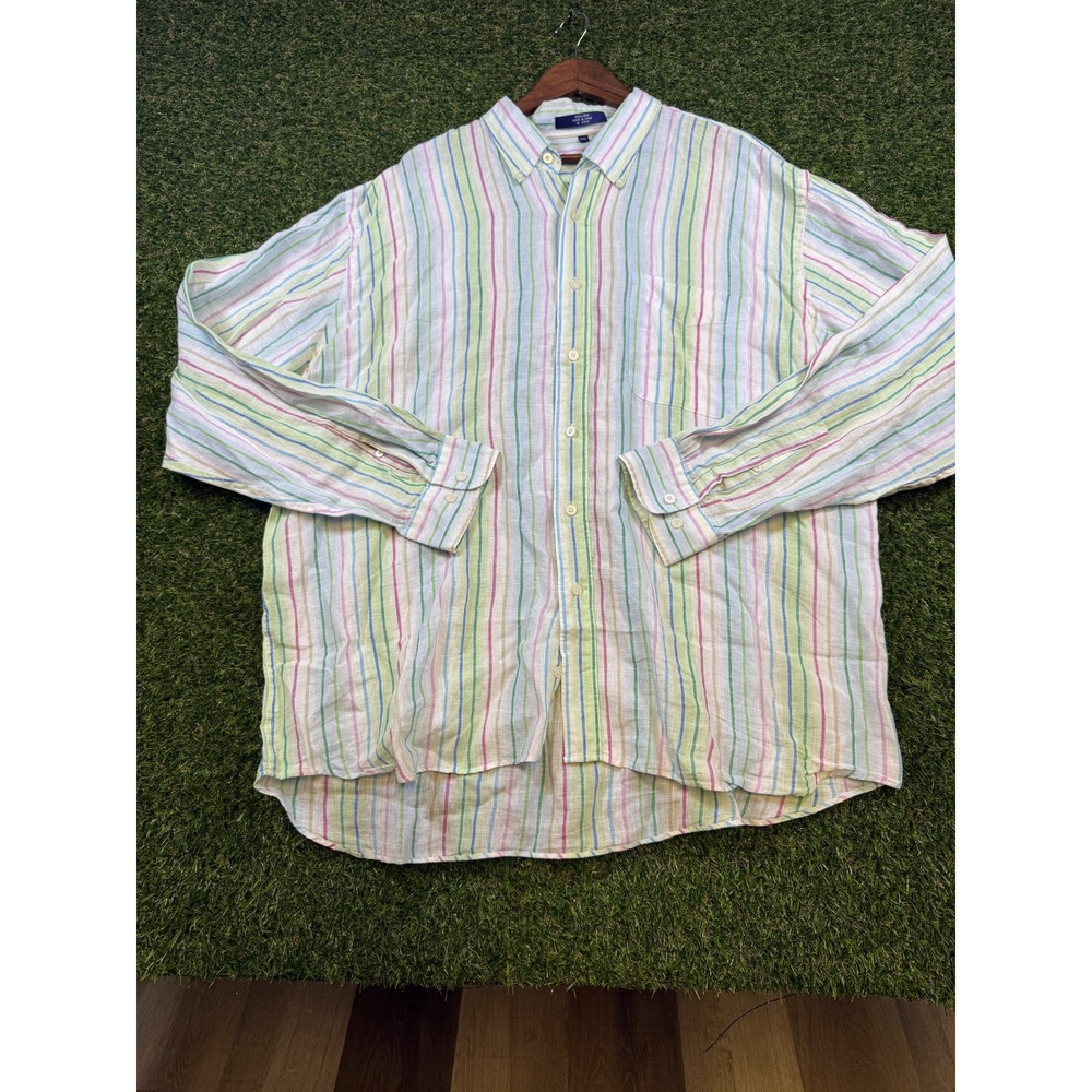 Alan Flusser Mens XXL Linen Button Down Shirt Multi Color Striped Long Sleeve